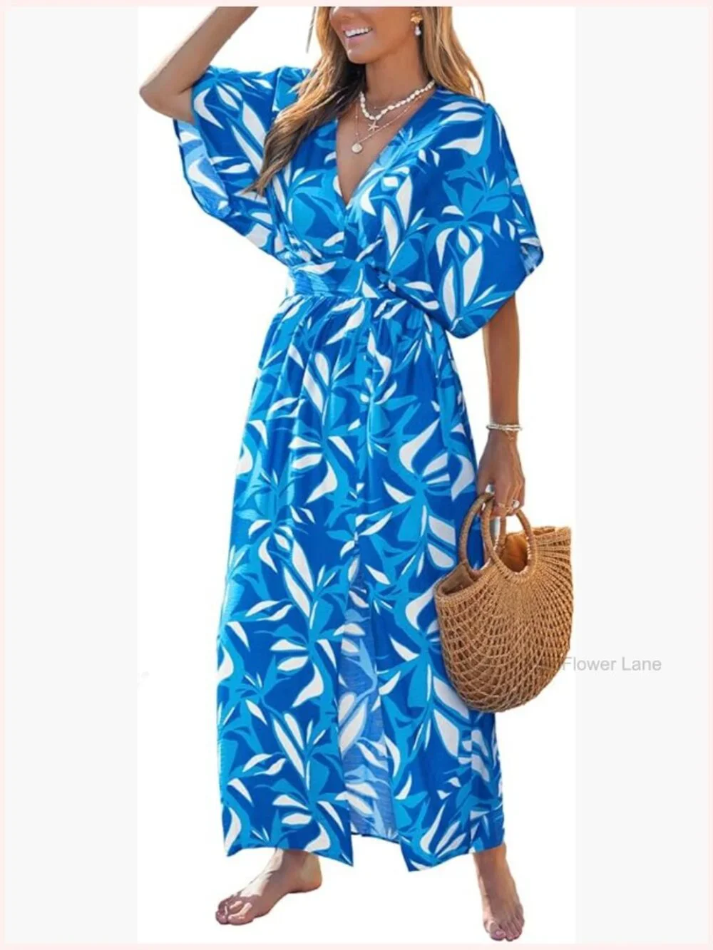 Bohemian Maxi Dress V Neck Smocked Empire Waist Slit Flowy Dress with Pockets - Picture 1 of 6